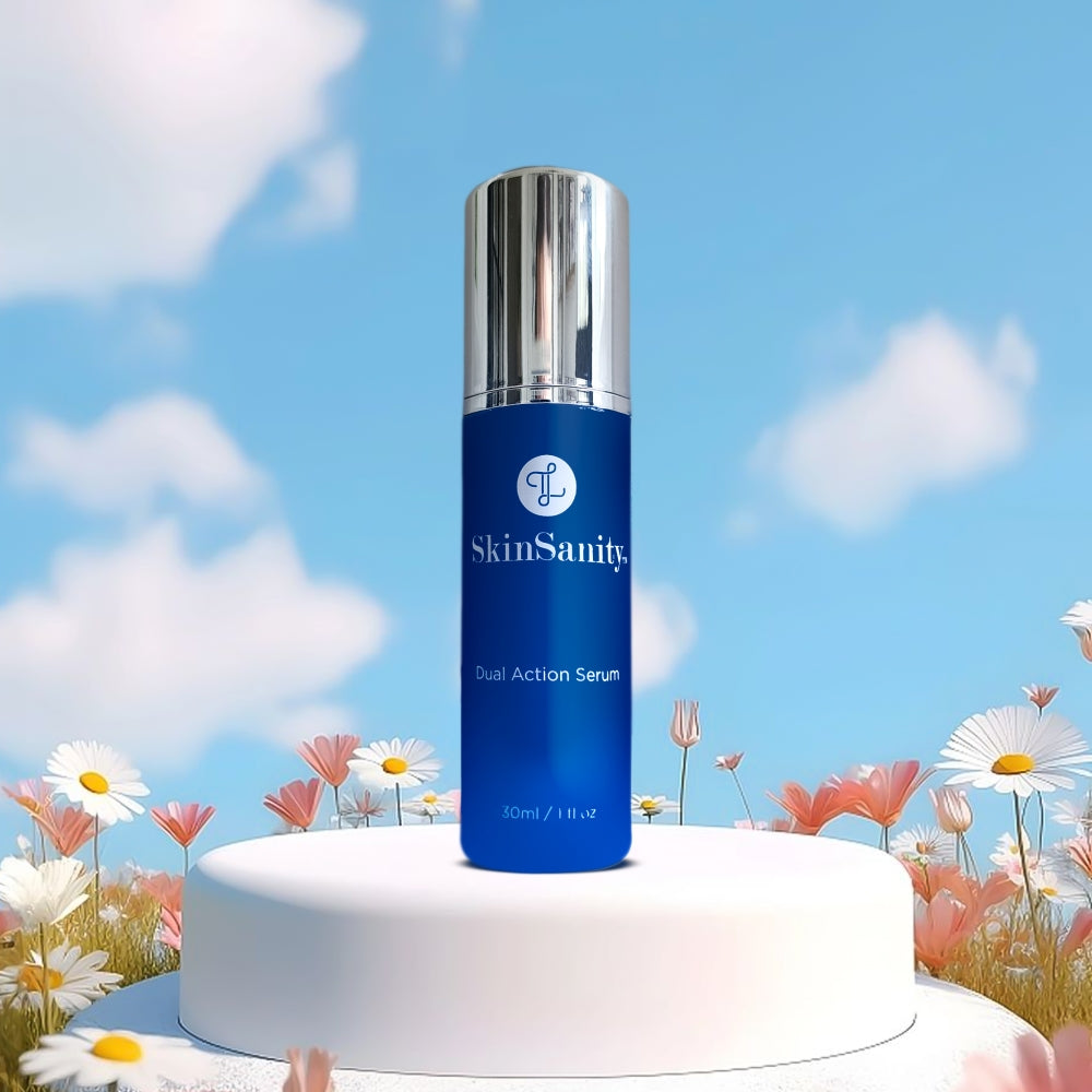 SkinSanity Dual Action Acne Serum by Best Clean Beauty, natural acne treatment serum in a 1 fl oz bottle, with a clear dropper applicator.
