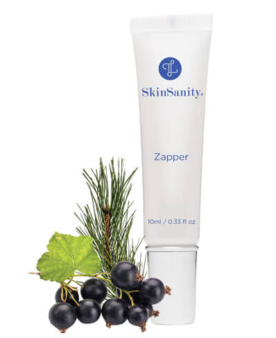 SkinSanity® Zapper blemish spot treatment bottle showing anti-spot and anti-itch formula in a 0.3 fl oz container.