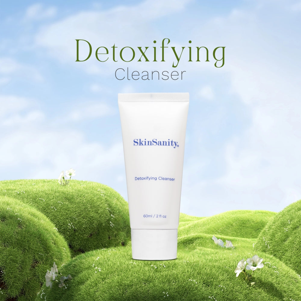 SkinSanity® Detoxifying Facial Cleanser by Best Clean Beauty in a 2 fl oz bottle, featuring a clear gel formula for morning skincare.