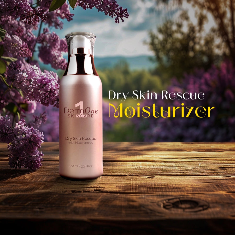 Best Clean Beauty Derm #1 Dry Skin Rescue moisturizer with Vitamin B3, 3.38 oz, in a white jar with a blue lid.