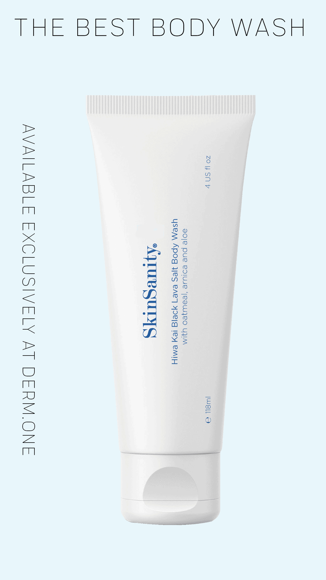 SkinSanity Black Lava Salt Body and Hair Wash by Best Clean Beauty with oatmeal, arnica, and aloe in a 4 fl oz bottle.