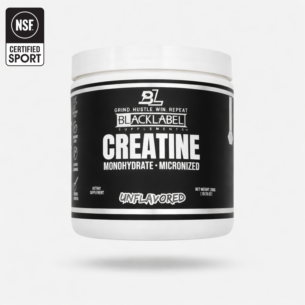 Container of BLACKLABEL Supplements Creatine Monohydrate powder in a black jar with a white label.
