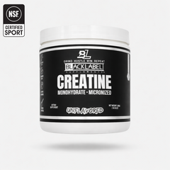 Container of BLACKLABEL Supplements Creatine Monohydrate powder in a black jar with a white label.