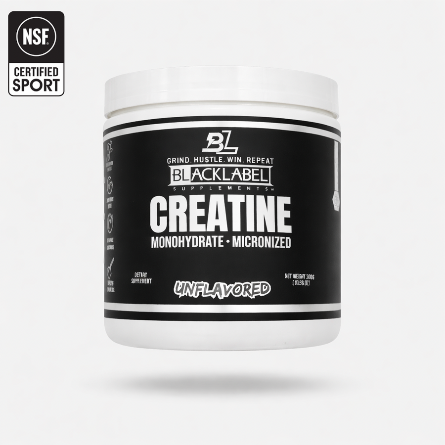 Container of BLACKLABEL Supplements Creatine Monohydrate powder in a black jar with a white label.