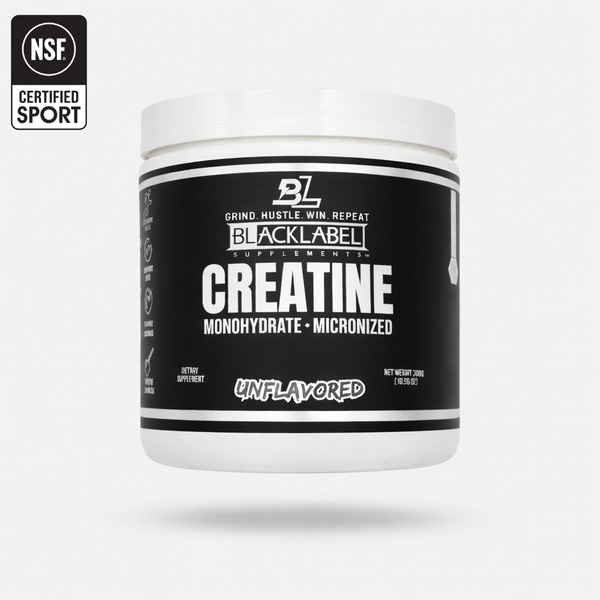 Container of BLACKLABEL Supplements Creatine Monohydrate powder in a black jar with a white label.