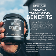 Container of BLACKLABEL Supplements Creatine Monohydrate powder in a black jar with a white label and black lid.