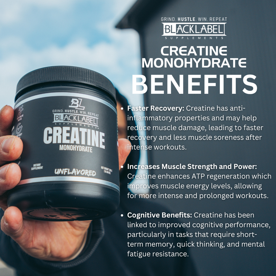 Container of BLACKLABEL Supplements Creatine Monohydrate powder in a black jar with a white label and black lid.