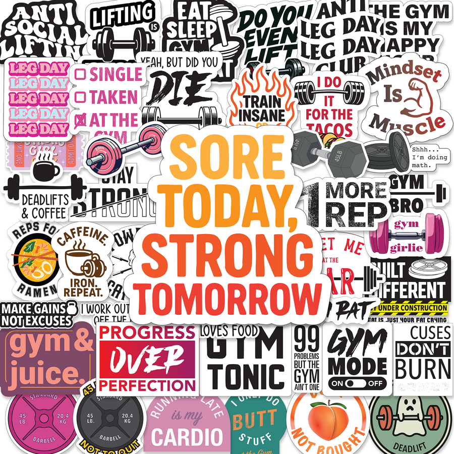 Set of 45 waterproof glossy vinyl BLAUBECK gym stickers featuring workout, fitness, and motivation designs for water bottles and laptops.