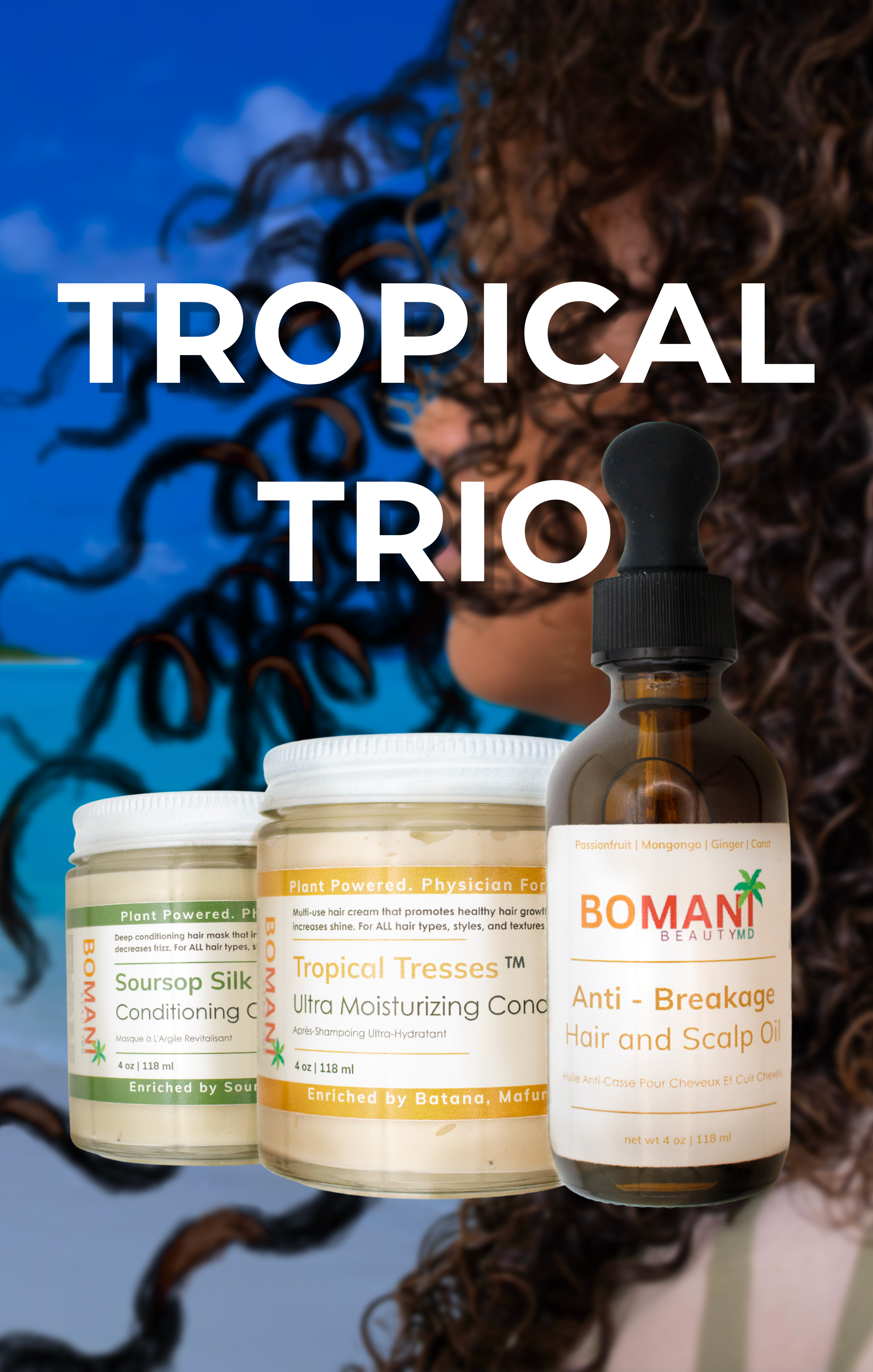 Bomani Beauty MD Tropical Trio Haircare Bundle with three 4oz bottles of nourishing natural hair products.