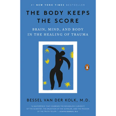 Paperback book titled "The Body Keeps the Score" by splitShops, focusing on trauma healing, with a plain cover and title text.