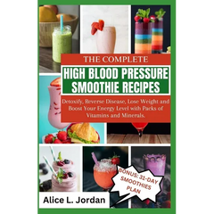 Paperback book titled "The Complete High Blood Pressure Smoothie Recipes for Seniors" by splitShops, with cover text visible.