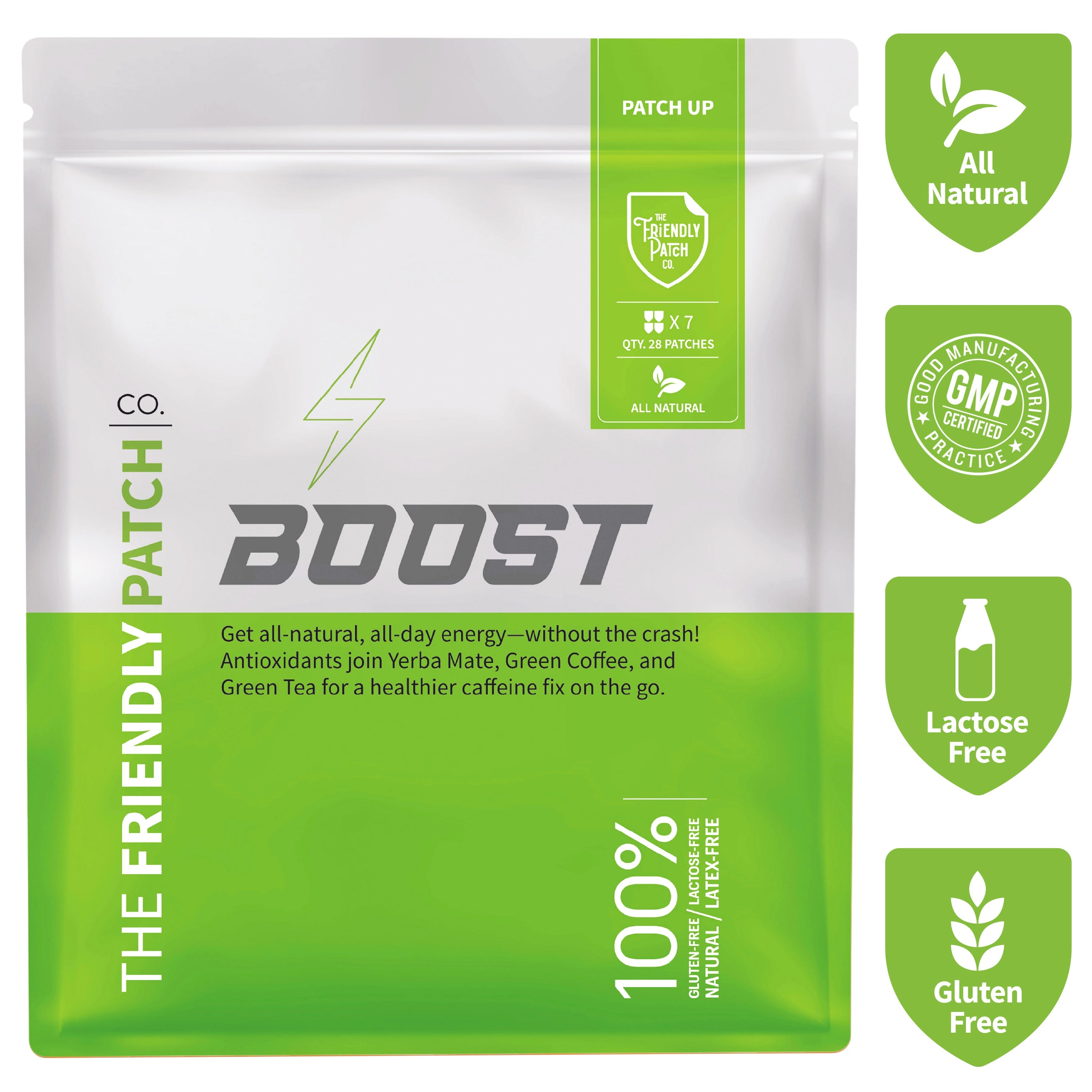 Friendly Patch Co Boost Energy patches with caffeine, guarana, and green tea for natural energy, shown in a 28-pack blister.
