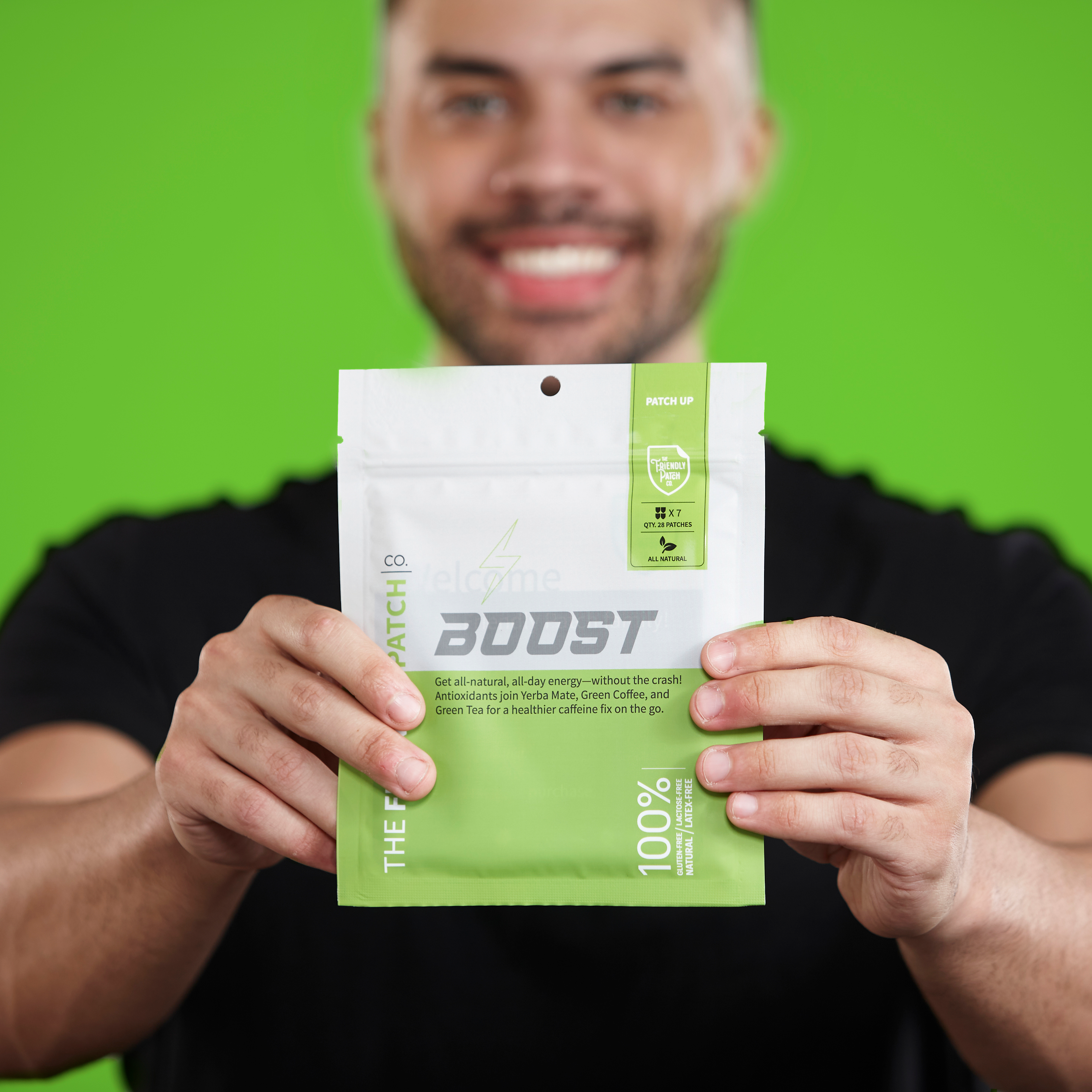 Friendly Patch Co Boost Energy patches with caffeine, guarana, and green tea for focus and energy support in a 28-pack.