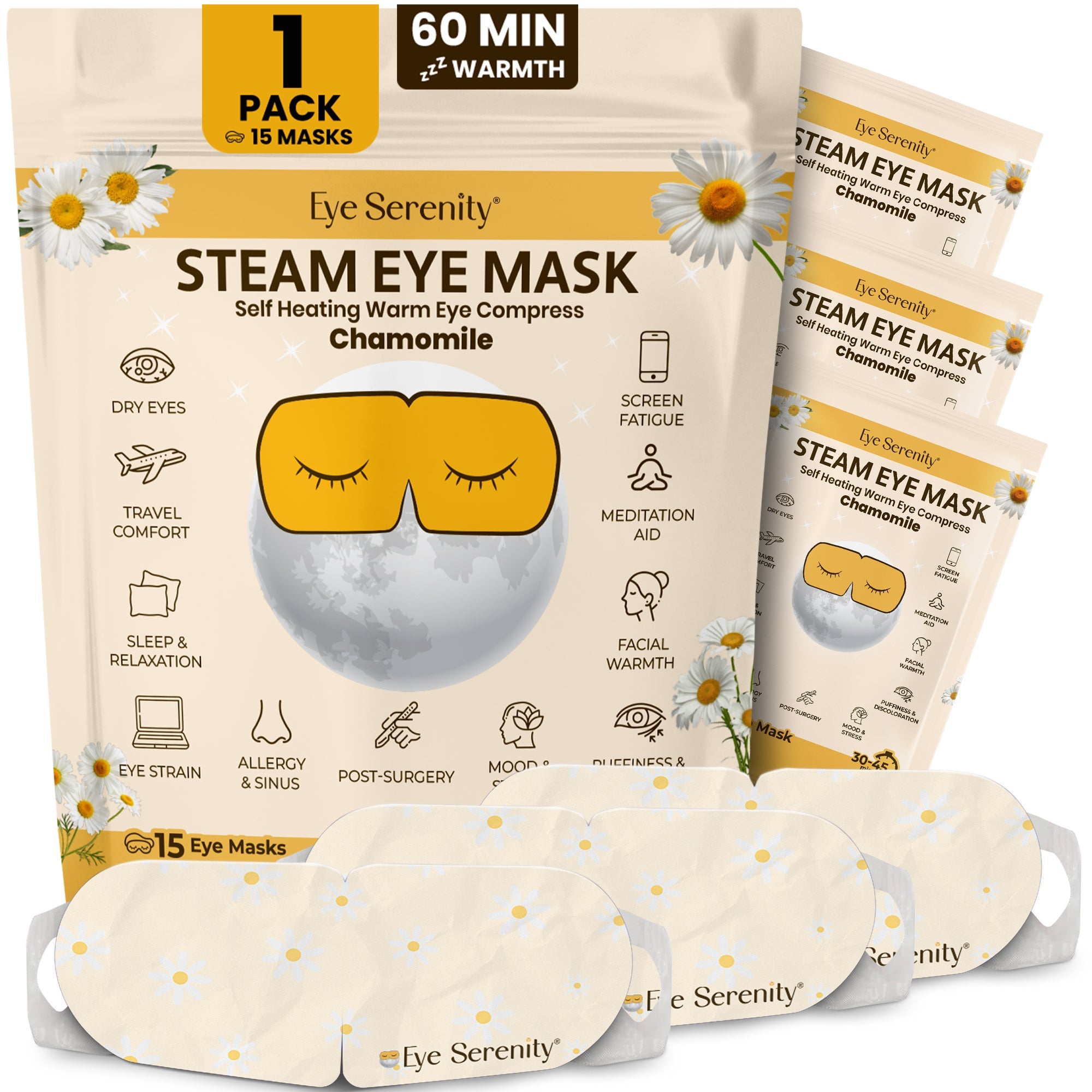 Lure Essentials Eye Serenity Steam Eye Mask with chamomile, providing relaxing heat therapy for eye care and wellness.