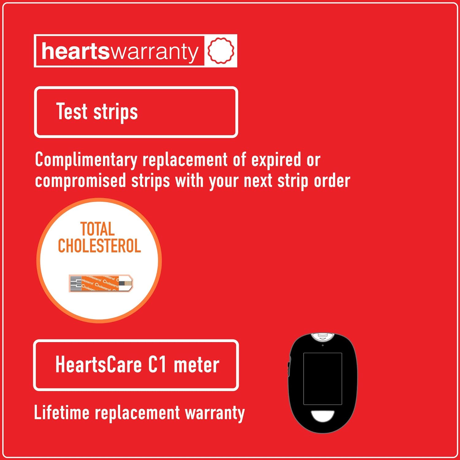 HeartsCare C1 Plus cholesterol meter test kit with 20 test strips, featuring warranty card and testing supplies for home cholesterol testing.