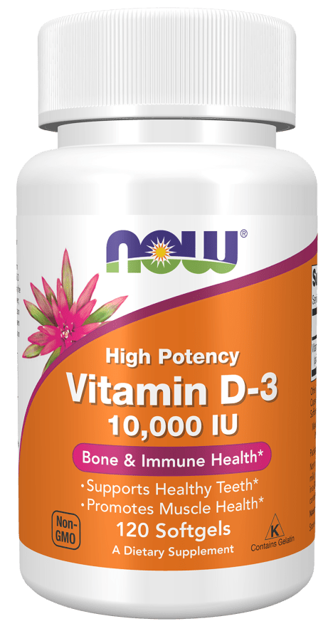 Country Life Natural Foods NOW Vitamin D-3 High Potency Softgels, 120 count, supplement bottle with softgel capsules