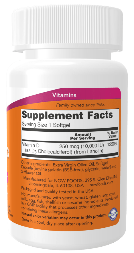 Country Life Natural Foods NOW Vitamin D-3 High Potency Softgels, 120 count, softgel capsules for immune support and bone health.