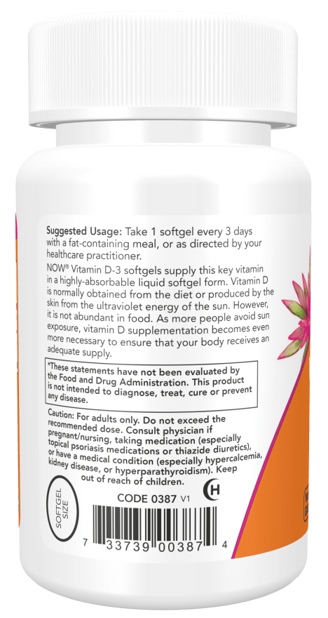 Country Life Natural Foods NOW Vitamin D-3 High Potency Softgels, 120 count, softgel supplement in a clear bottle