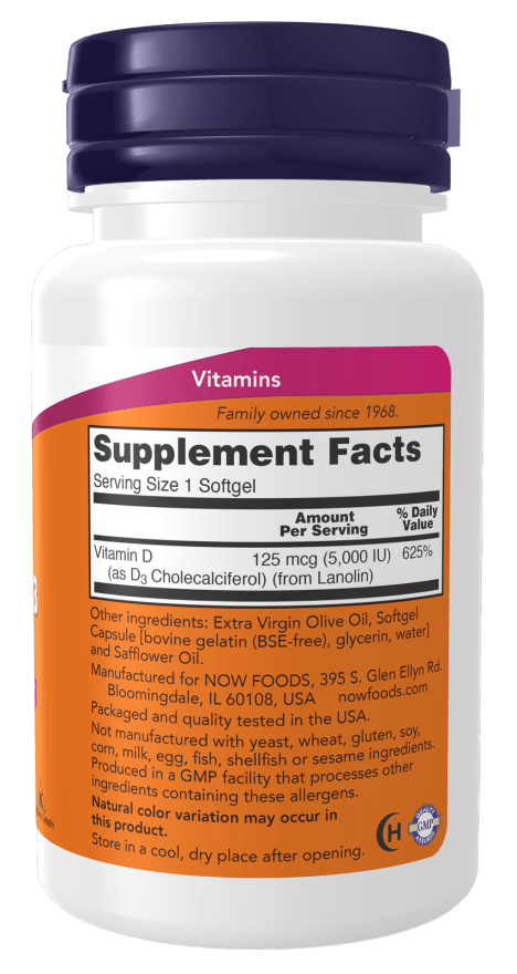 Country Life Vitamin D-3 5000 IU softgels, 240 count, dietary supplement for immune support and bone health.