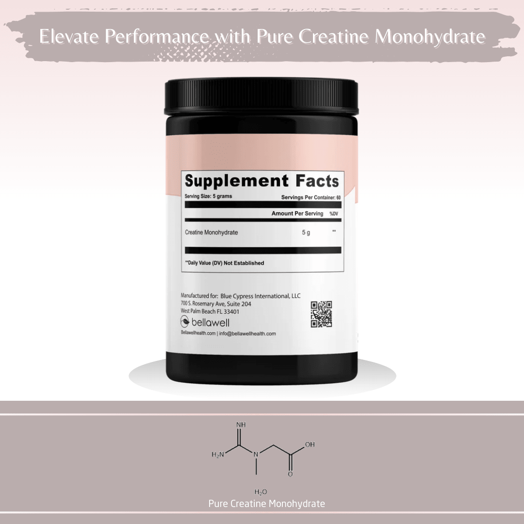 Bellawell Health Creatine Powder in a container, showing the high-energy supplement for enhanced athletic performance.