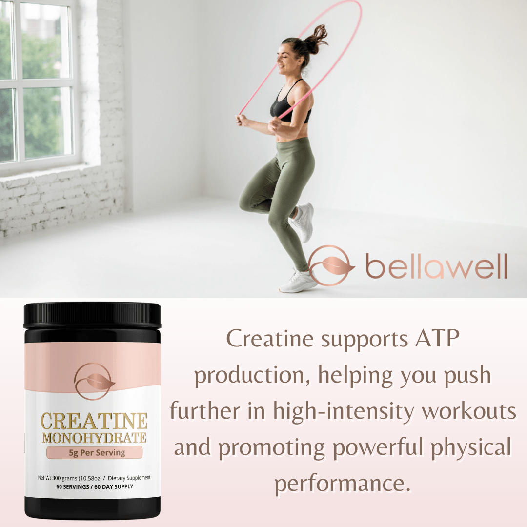 Bellawell Health creatine powder, high energy compound, showing a container of white creatine powder on a clean background