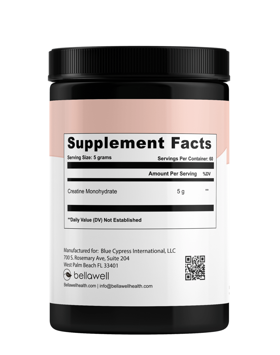 Bellawell Health Creatine Powder, high energy supplement in a clear container showing white powder for muscle support and energy.
