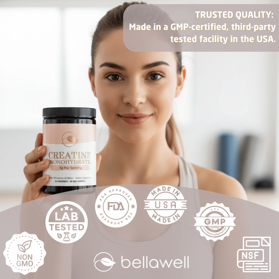 Bellawell Health creatine powder, high energy compound, white powder in a clear container, used for muscle energy and performance.