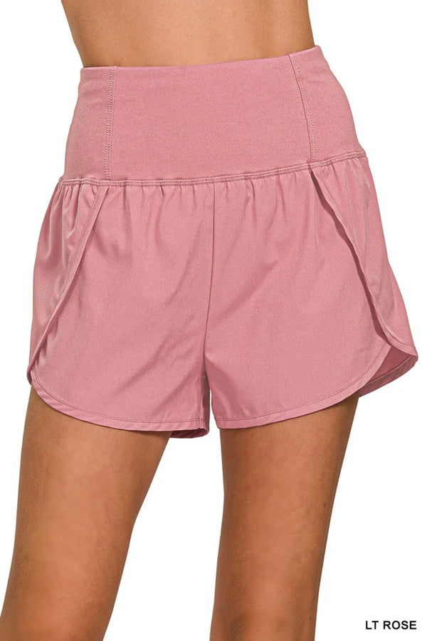 Berry Charmz Zenana high-waisted running shorts with zippered back pocket and athletic design for active wear.