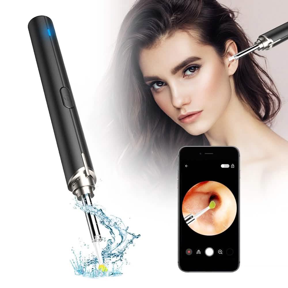 Black Intelligent Visual Ear Otoscope Inspection Tool for personal care, featuring a sleek design and built-in viewing camera.