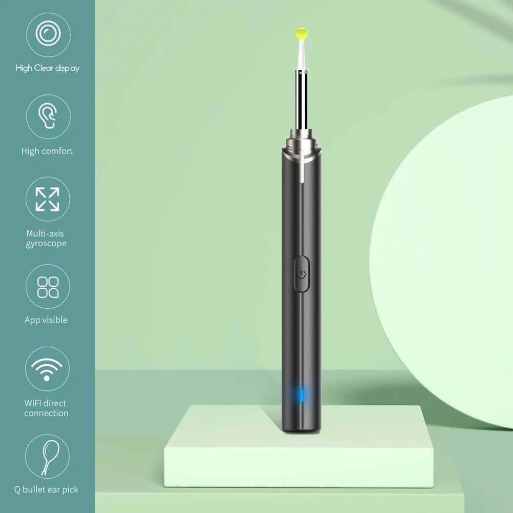 Black intelligent visual ear otoscope inspection tool for personal care, used for safe ear examination and cleaning.