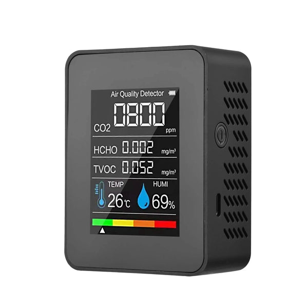 Black portable air quality monitor from DailySale, compact device for health and wellness tracking of indoor air quality.