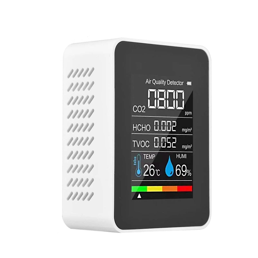 Black portable air quality monitor from DailySale, compact device for measuring indoor air quality and pollution levels.