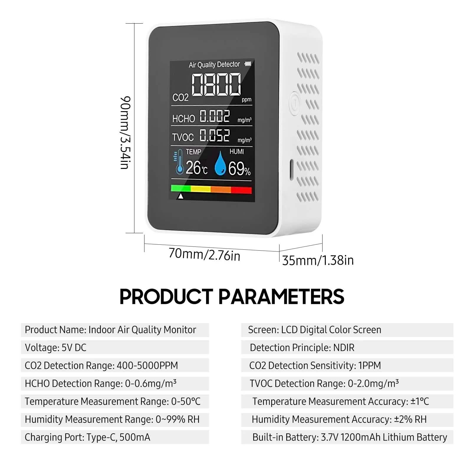 Black portable air quality monitor by DailySale displaying digital screen and sensors for health and wellness monitoring.