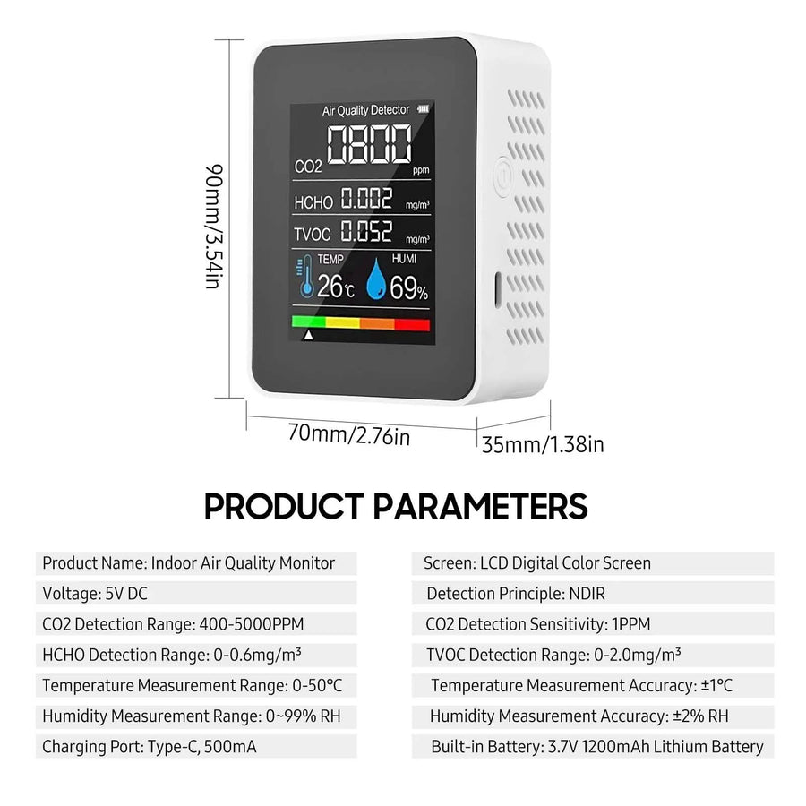 Black portable air quality monitor by DailySale displaying digital screen and sensors for health and wellness monitoring.