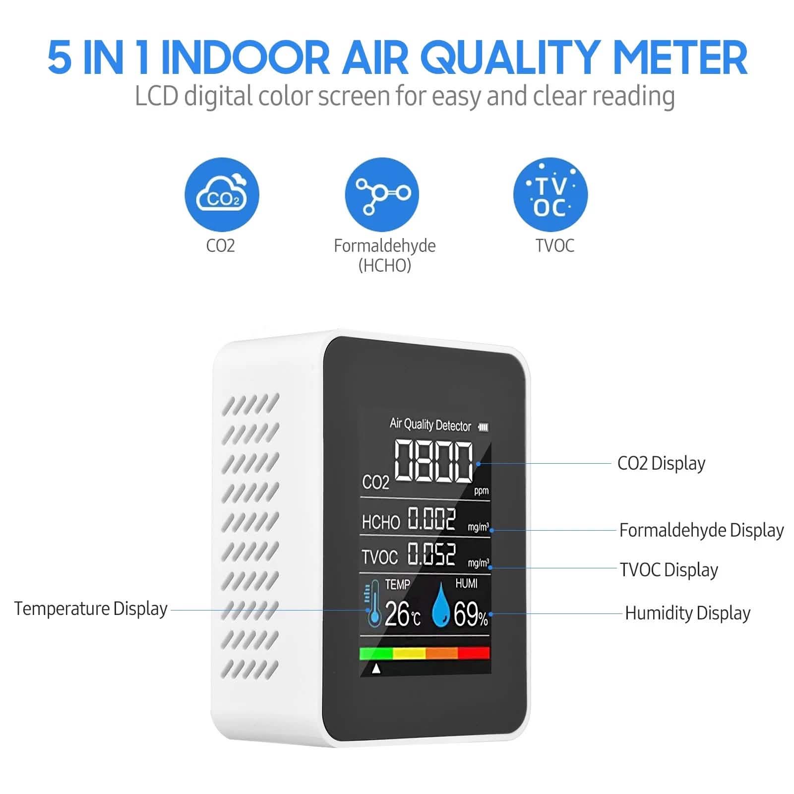 Black portable air quality monitor by DailySale showing digital display and sensors for measuring air pollution levels.