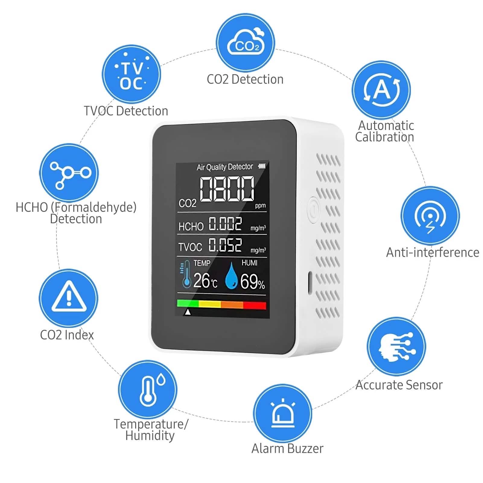Black portable air quality monitor from DailySale for health and wellness, showing digital display and sensors.