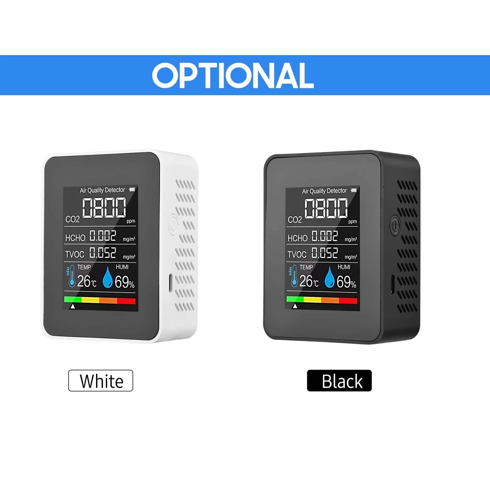 Black portable air quality monitor from DailySale, displaying digital readout of air purity levels for health and wellness.