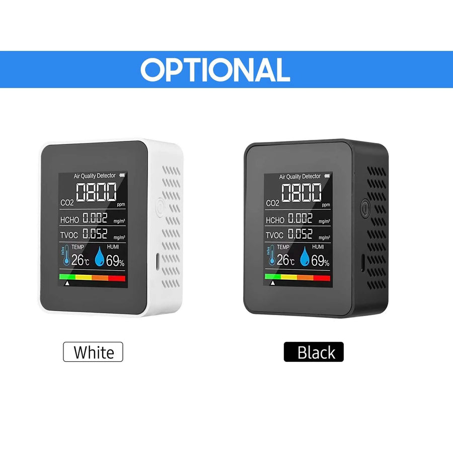 Black portable air quality monitor from DailySale, displaying digital readout of air purity levels for health and wellness.