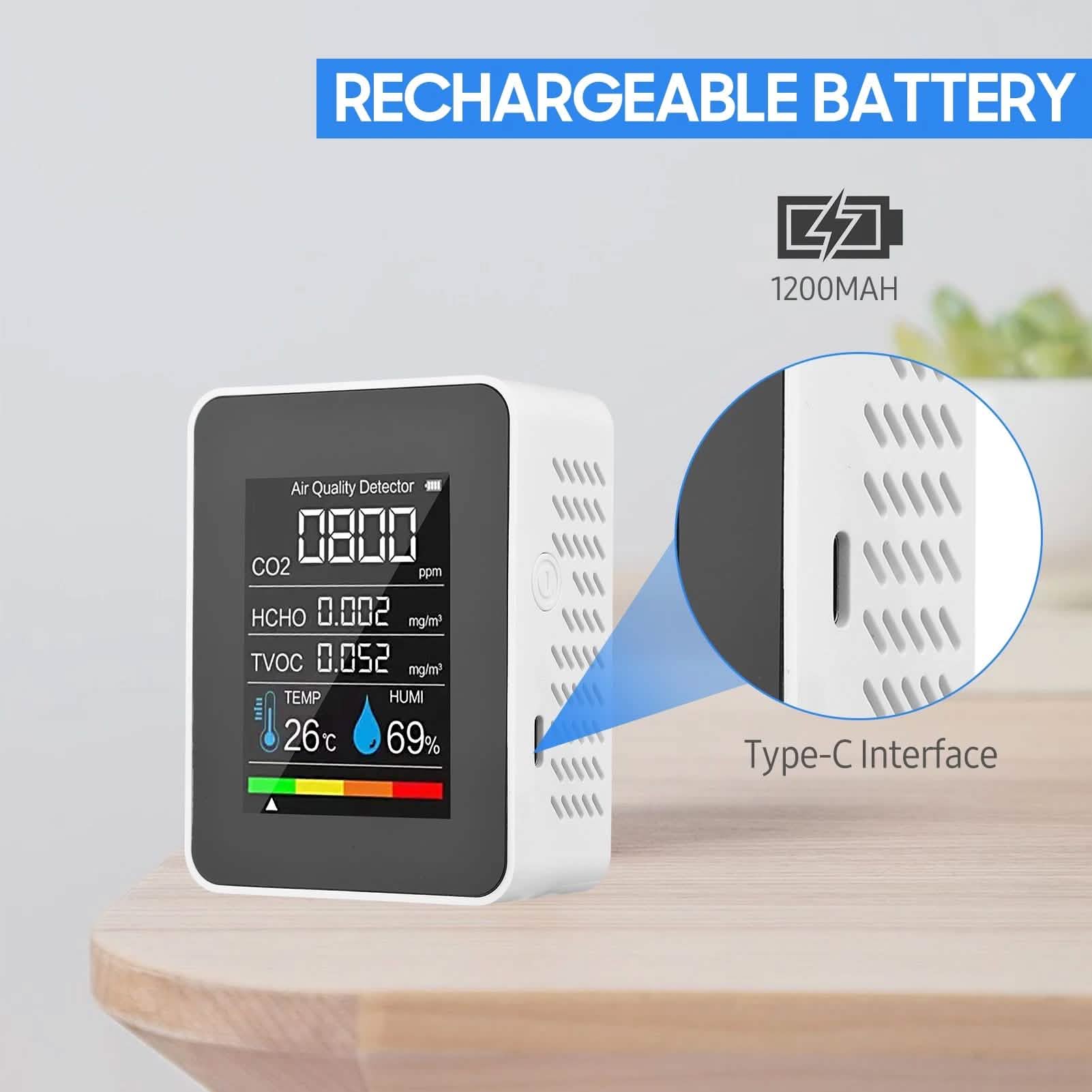 Black portable air quality monitor by DailySale, showing digital display and sensors for health and wellness monitoring.