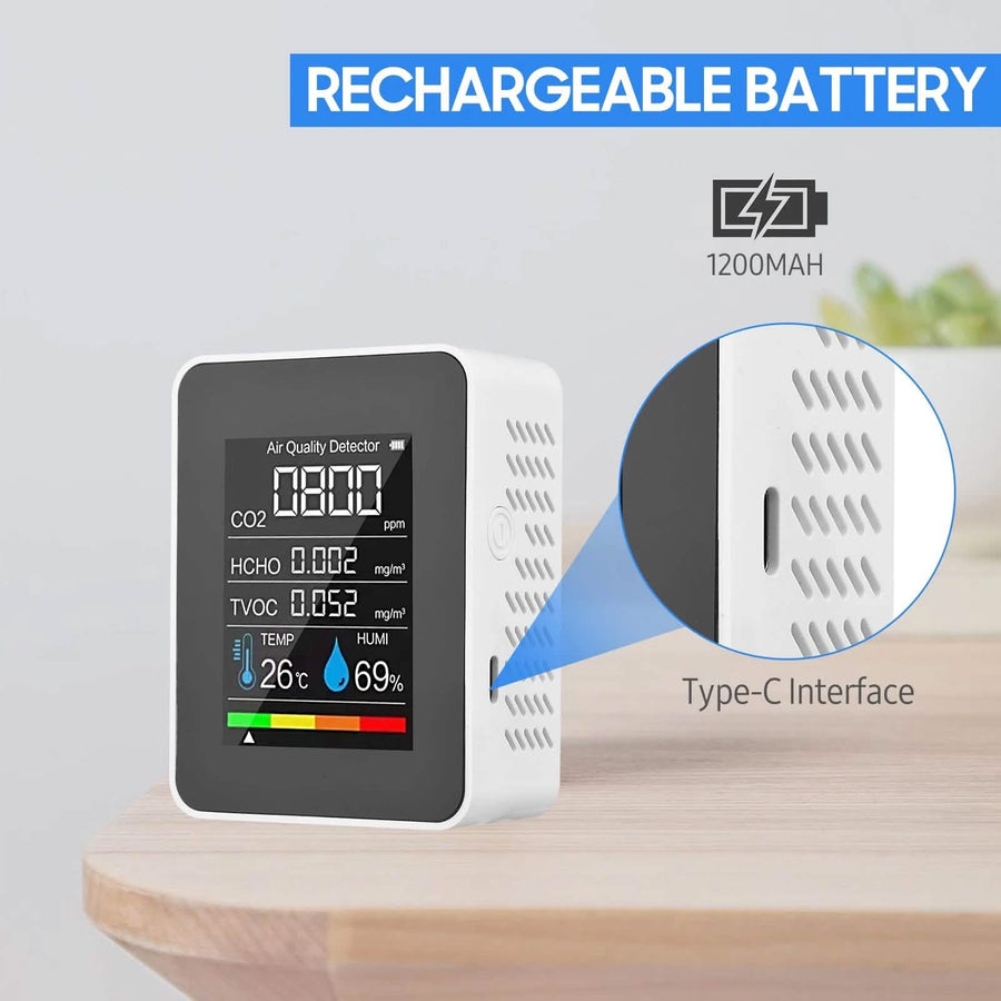 Black portable air quality monitor by DailySale, showing digital display and sensors for health and wellness monitoring.