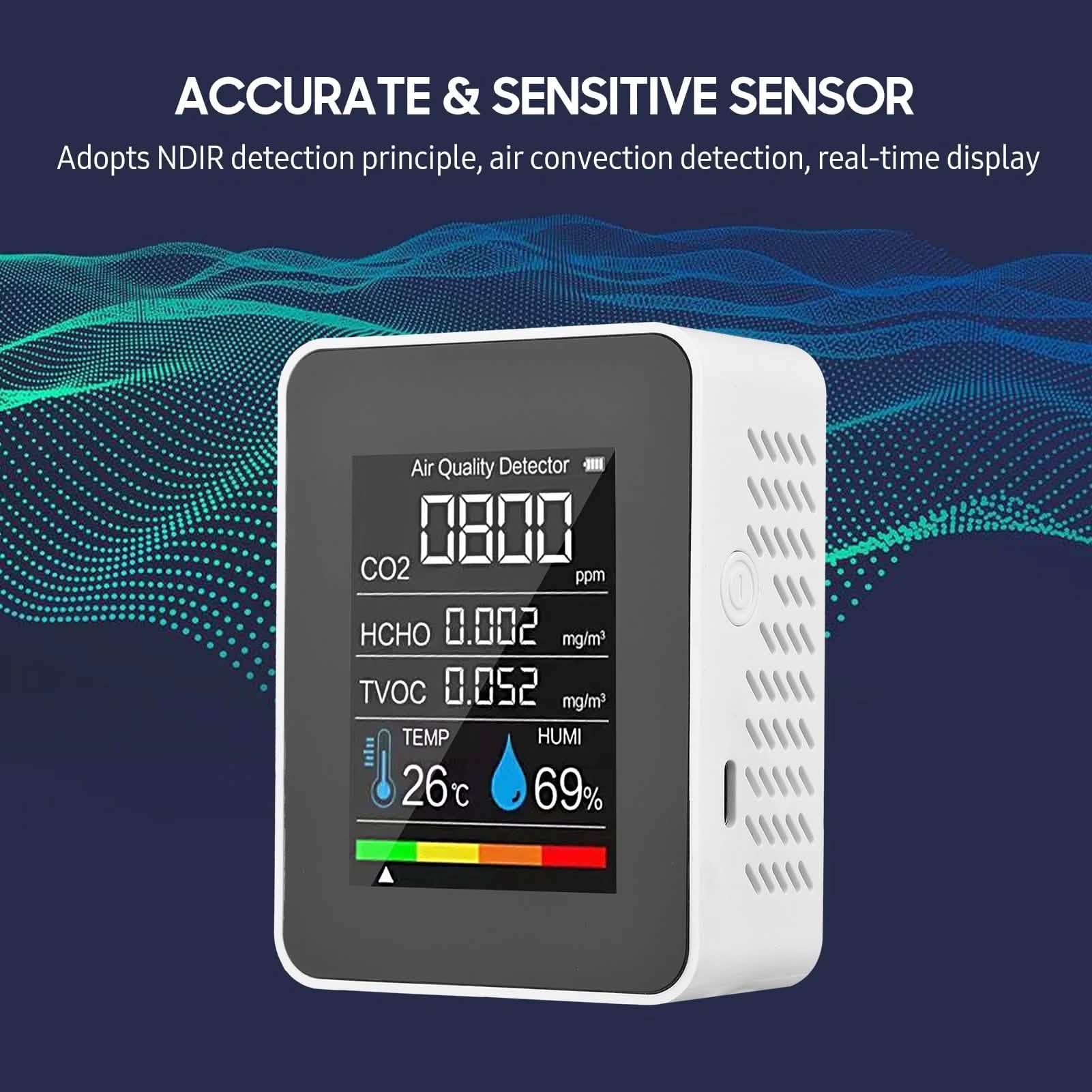 Black portable air quality monitor from DailySale, compact device for tracking indoor air pollution and air quality levels.