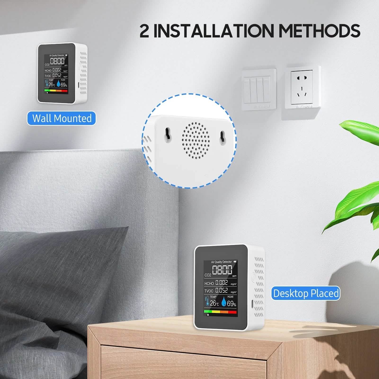 Black portable air quality monitor from DailySale, displaying digital readings for health and wellness.