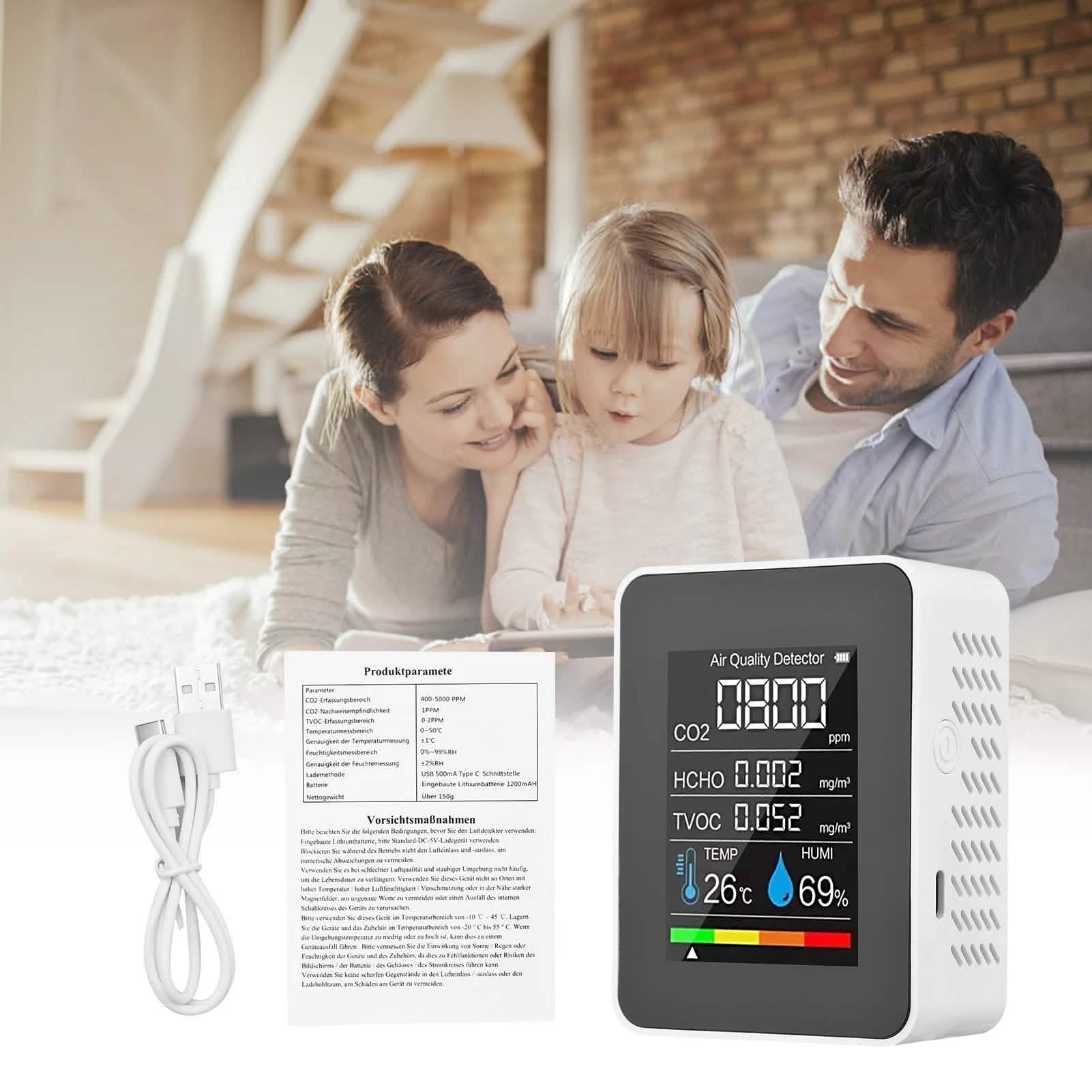 Black portable air quality monitor from DailySale, compact device for health and wellness, showing digital display and sensor.