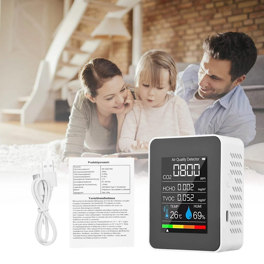Black portable air quality monitor from DailySale, compact device for health and wellness, showing digital display and sensor.
