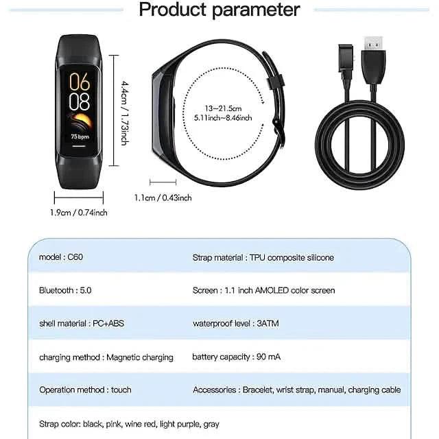 Black C60 Smart Watch with 1.1-inch display, fitness tracking, and Bluetooth connectivity by DailySale.