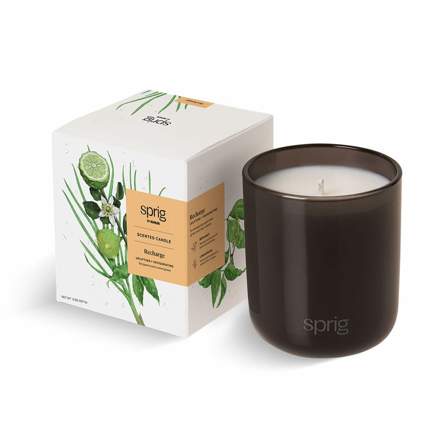 Sprig by Kohler Recharge aromatherapy candle with bergamot and lemongrass in an 8 oz glass jar, ideal for relaxing ambiance.