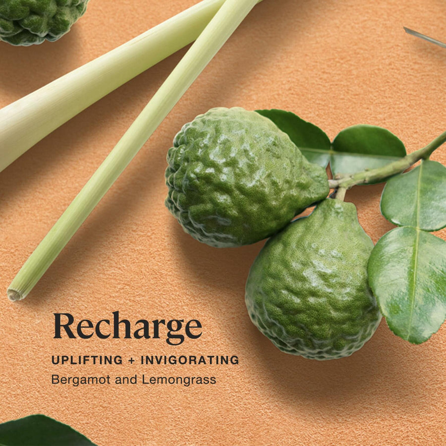 Sprig by Kohler Recharge aromatherapy candle with bergamot and lemongrass, 8 oz, in a glass jar, with a lit wick and fresh citrus scent.