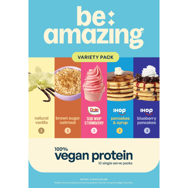 Be Amazing vegan protein powder in a resealable bag, showing the label and product packaging for plant-based protein supplement.