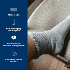 Set of six white DSC women's cotton diabetic ankle socks, medium shoe size 7-10, designed for comfort and foot health.