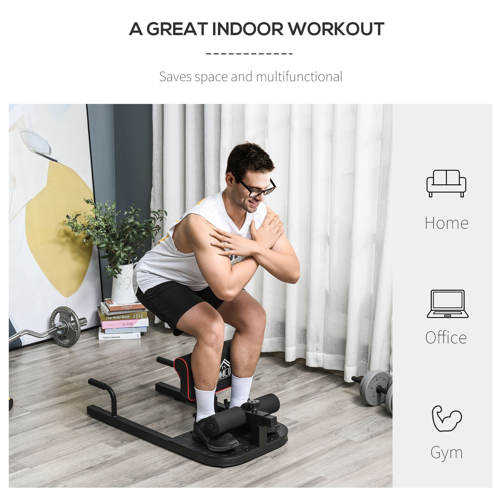 Black 3-in-1 padded push-up, sit-up, squat machine from Berry Charmz for home gym fitness workouts.